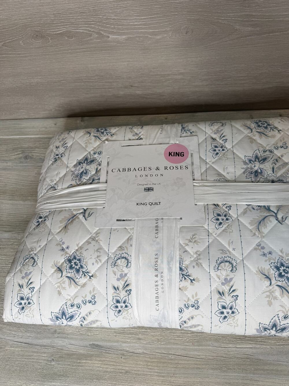 Cabbages & Roses KING Quilt India Rose Grey Blue White Floral 106’’x90’’ NEW